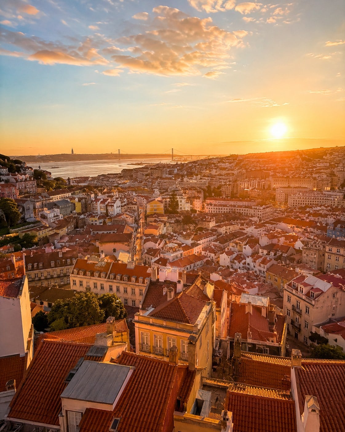Vista dos telhados de Lisboa ao fim do dia, com fachada de azulejos